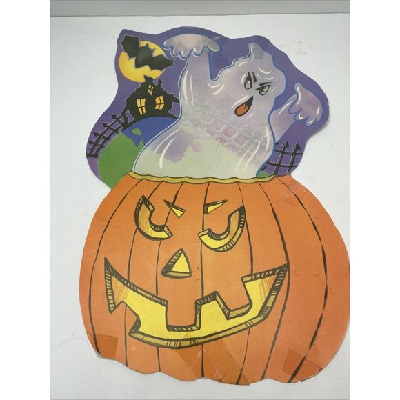 Vintage Halloween Decorations Cardstock Decor Ghost in Pumpkin Two Sided Velvet - Picture 6 of 9